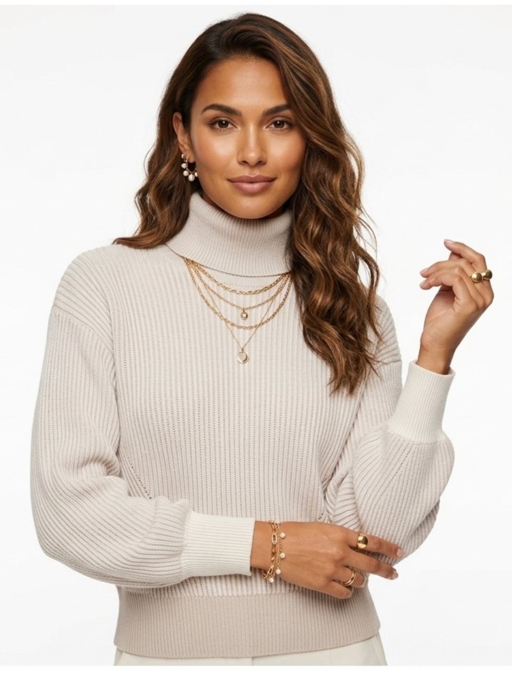 DKNY Bubble Sleeve Sportswear Sweater in Mushroom /ivory